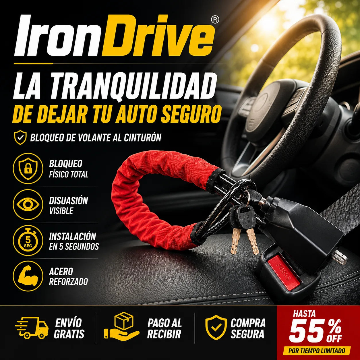 IronDrive -Tu auto 100% protegido de robos con el bloqueo de volante al cinturón