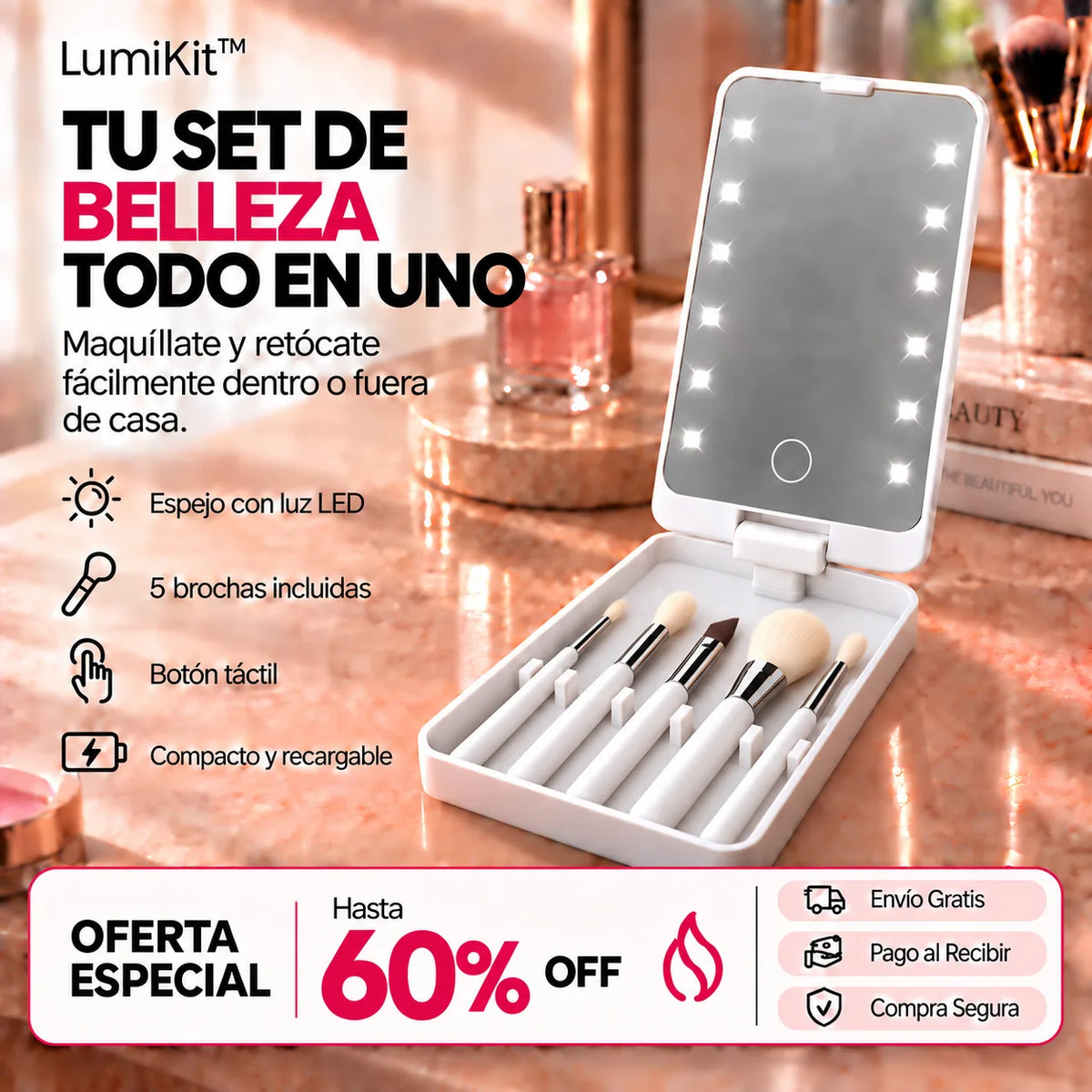 LumiBrush™ – Brochas, espejo y luz en un solo estuche portátil