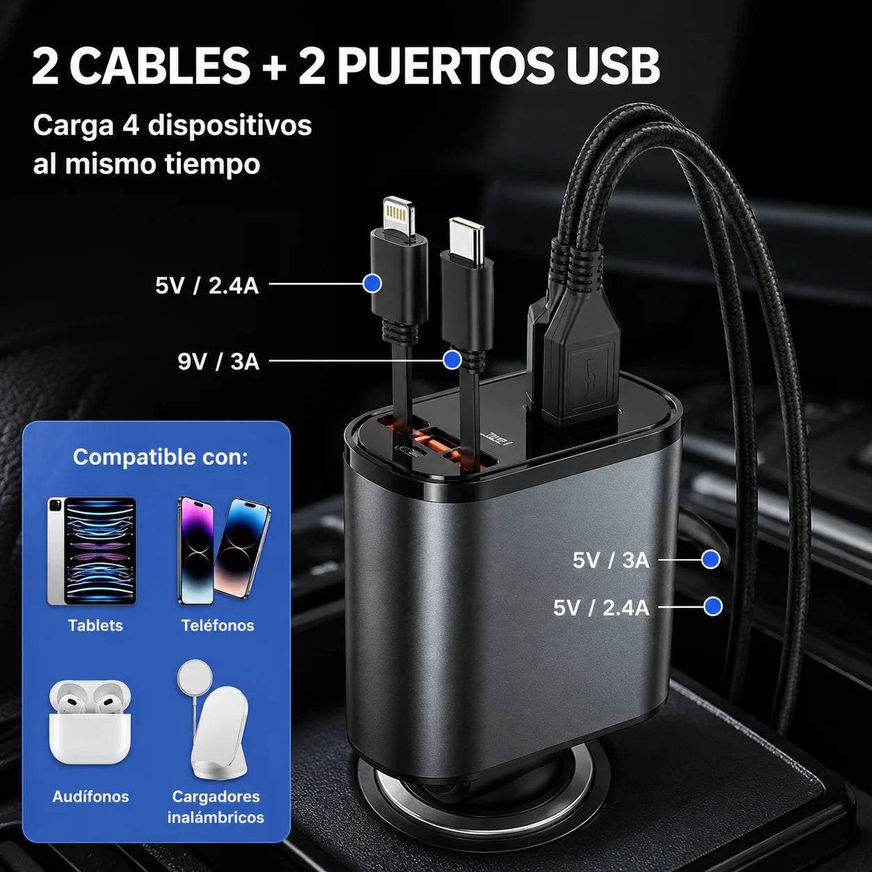 PowerHub™ -  Hasta 4 dispositivos cargando al mismo tiempo.