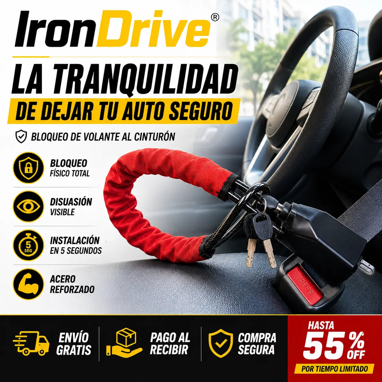 SecureDrive™ – Bloqueo Antirrobo de Volante con Conexión al Cinturón