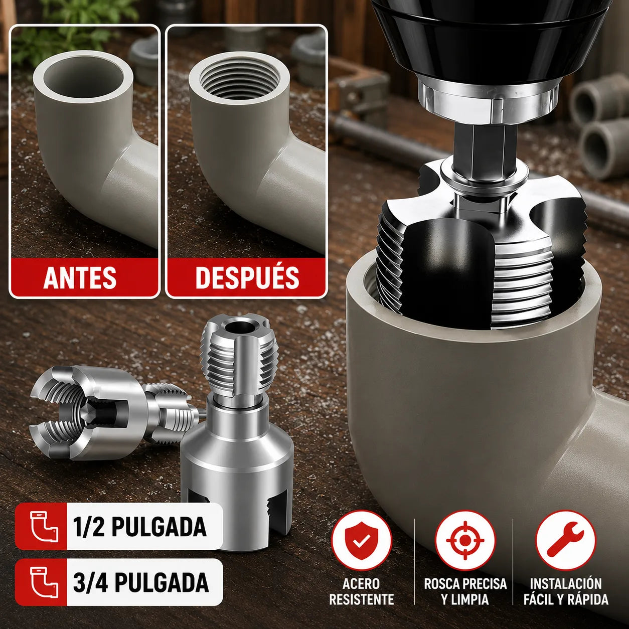 Roscadora para Tubos 1/2" y 3/4" - Facilita la reparación de conexiones dañadas.