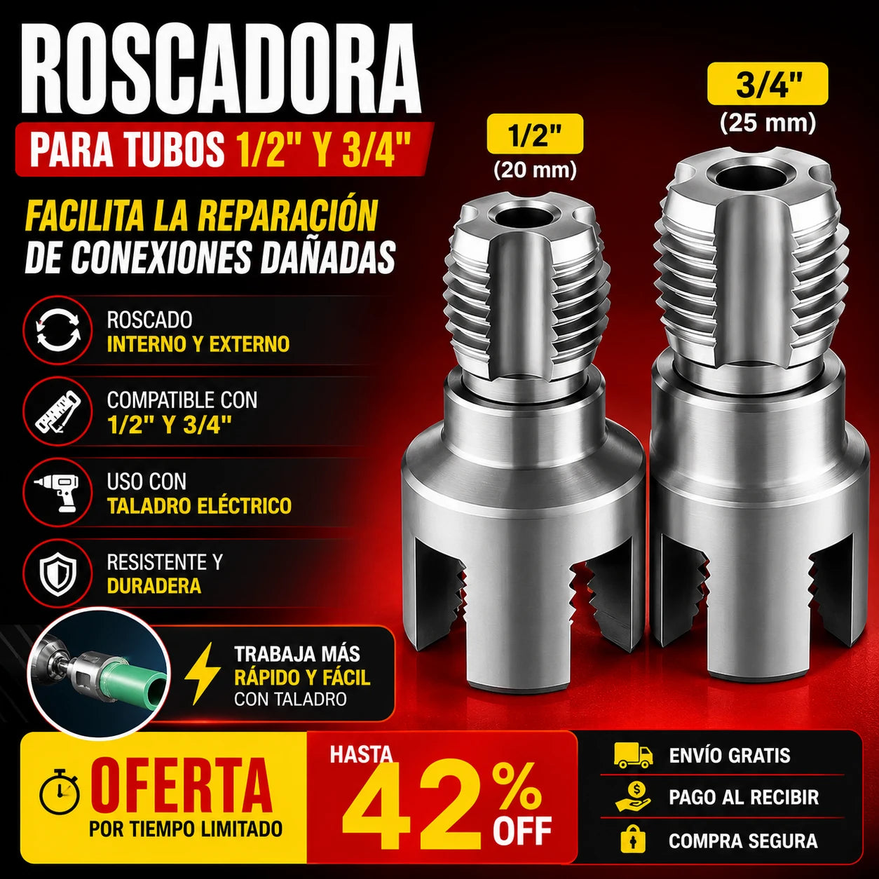 Roscadora para Tubos 1/2" y 3/4" - Facilita la reparación de conexiones dañadas.